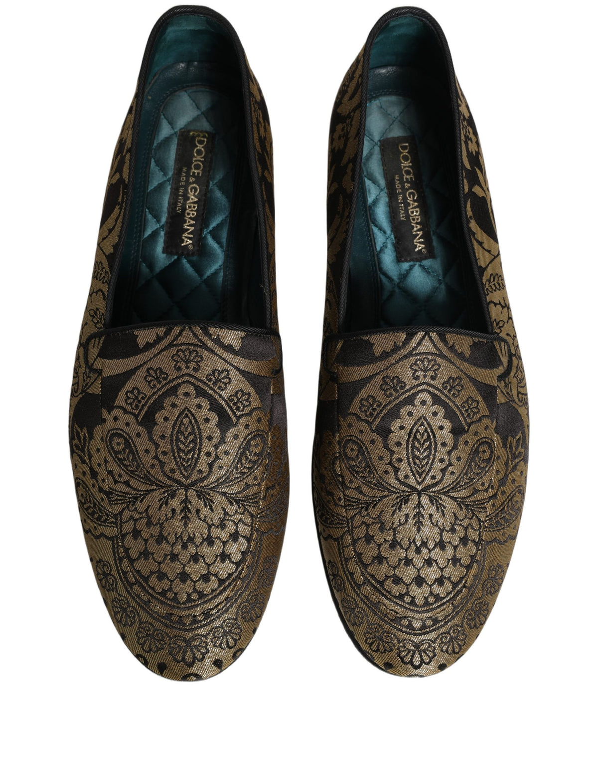 Dolce & Gabbana 9 To 5 501 Men's Leather Loafer Slip-On Shoes - Black Gold Patterned Jacquard Signature