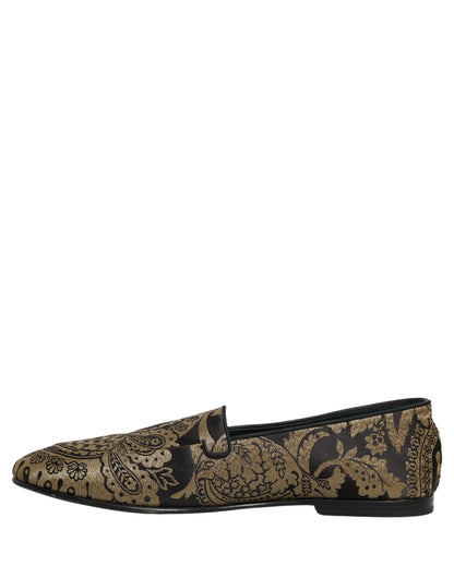 Dolce & Gabbana 9 To 5 501 Men's Leather Loafer Slip-On Shoes - Black Gold Patterned Jacquard Signature