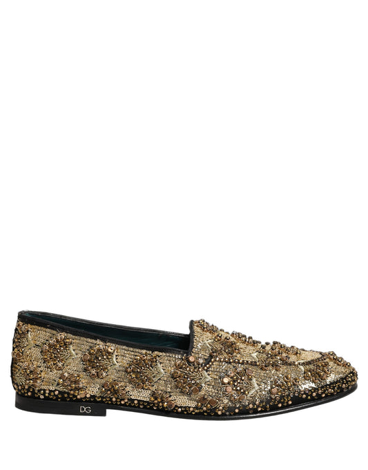 Loafer Slip-On Shoes by Dolce & Gabbana for men in leather rhinestone & sequins gold & signature showcases a timeless silhouette from the Men's Leather Rhinestone & Sequins Loafer Slip-On Shoes collection, featuring a timeless and for a timeless finish.