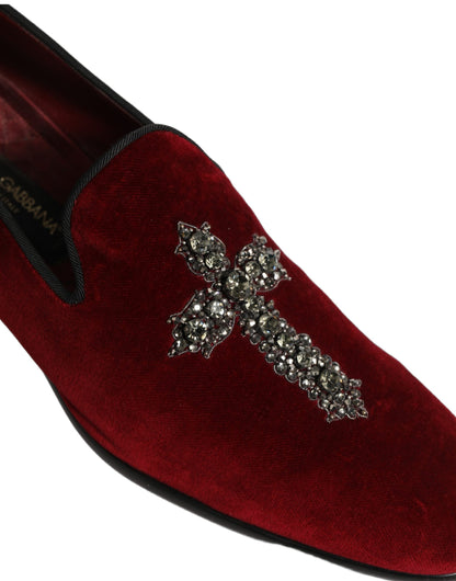 Dolce & Gabbana 9 To 5 Men's Suede Leather Velvet & Crystal Loafer Slip-On Shoes - Bordeaux Maroon Red Signature
