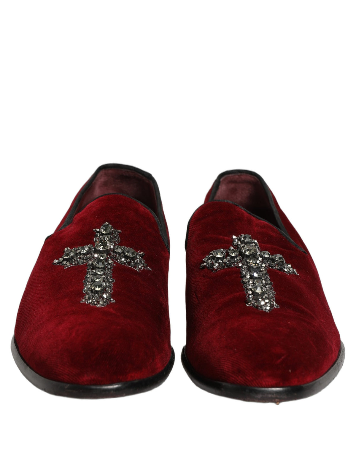 Dolce & Gabbana 9 To 5 Men's Suede Leather Velvet & Crystal Loafer Slip-On Shoes - Bordeaux Maroon Red Signature