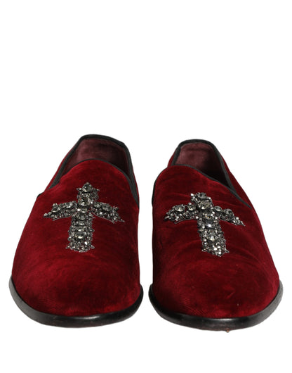 Dolce & Gabbana 9 To 5 Men's Suede Leather Velvet & Crystal Loafer Slip-On Shoes - Bordeaux Maroon Red Signature