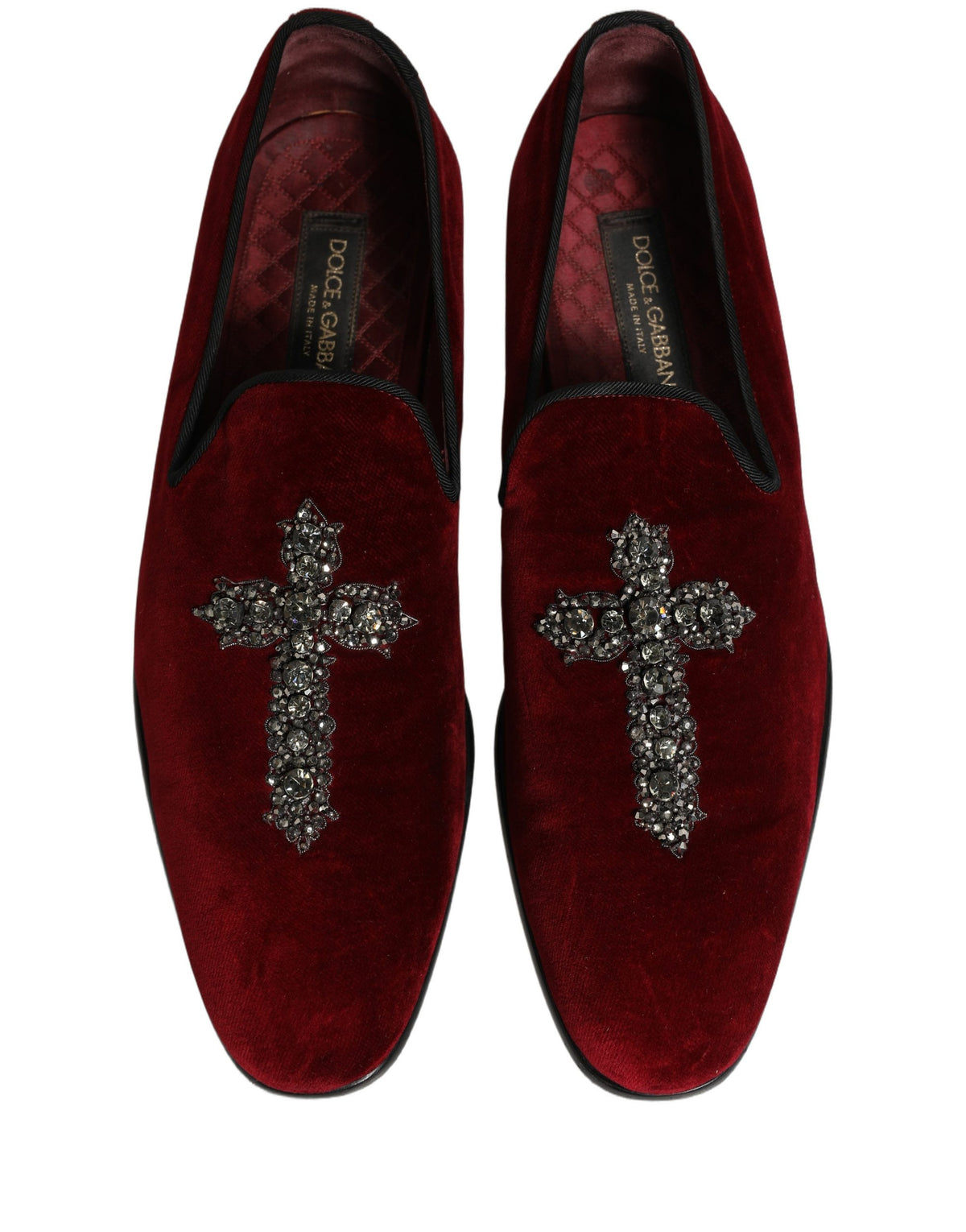 Dolce & Gabbana 9 To 5 Men's Suede Leather Velvet & Crystal Loafer Slip-On Shoes - Bordeaux Maroon Red Signature