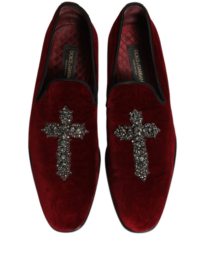 Dolce & Gabbana 9 To 5 Men's Suede Leather Velvet & Crystal Loafer Slip-On Shoes - Bordeaux Maroon Red Signature