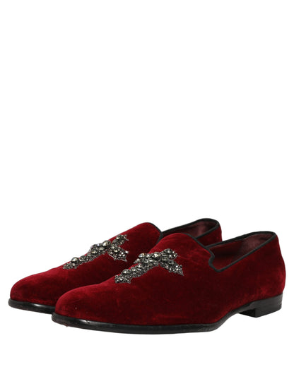 Dolce & Gabbana 9 To 5 Men's Suede Leather Velvet & Crystal Loafer Slip-On Shoes - Bordeaux Maroon Red Signature