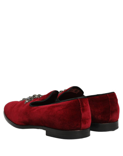 Dolce & Gabbana 9 To 5 Men's Suede Leather Velvet & Crystal Loafer Slip-On Shoes - Bordeaux Maroon Red Signature