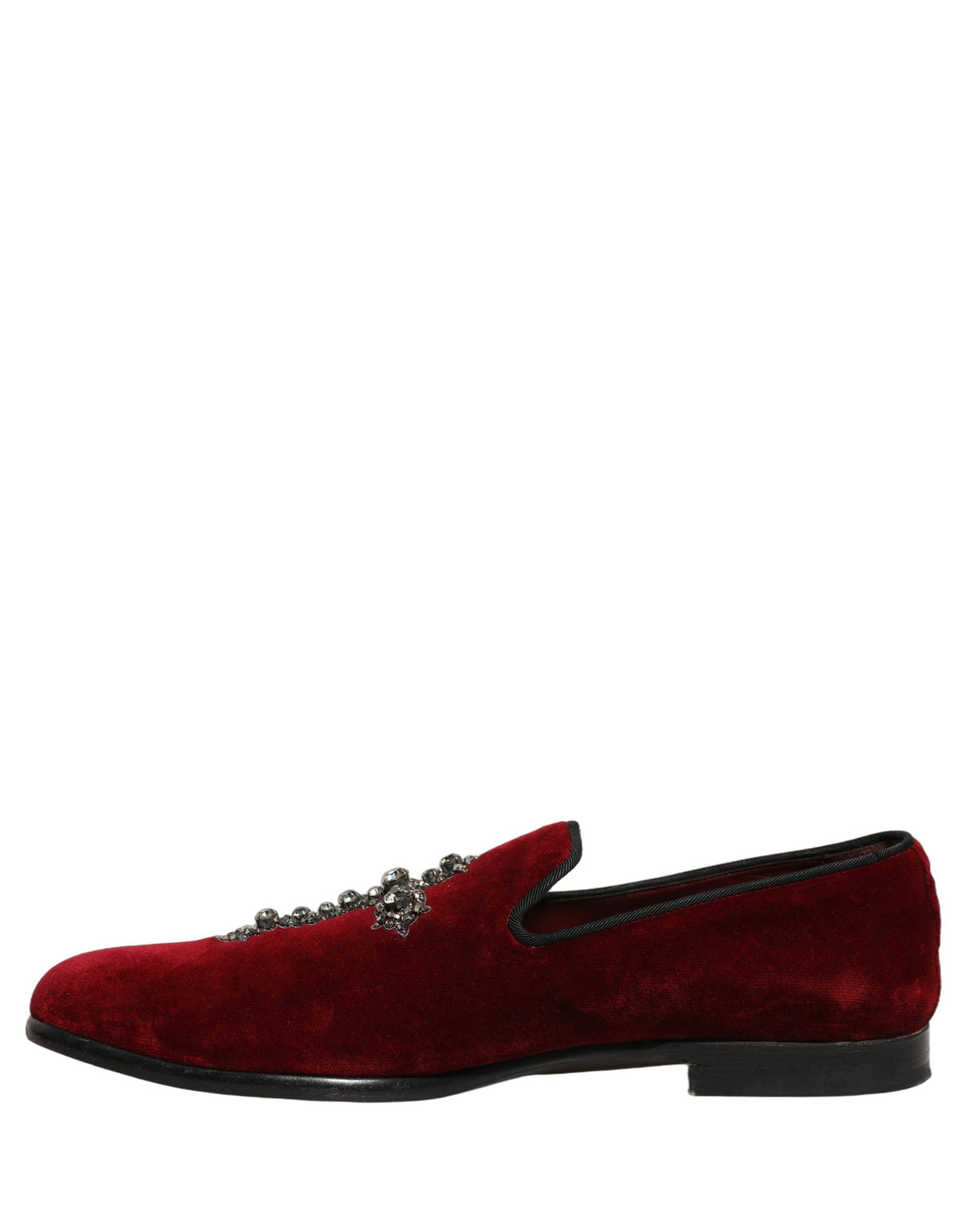 Dolce & Gabbana 9 To 5 Men's Suede Leather Velvet & Crystal Loafer Slip-On Shoes - Bordeaux Maroon Red Signature