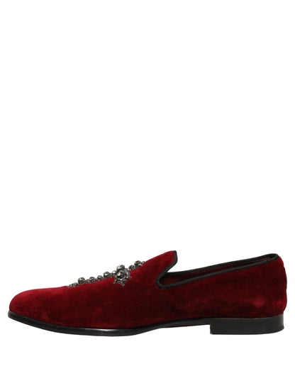 Dolce & Gabbana 9 To 5 Men's Suede Leather Velvet & Crystal Loafer Slip-On Shoes - Bordeaux Maroon Red Signature