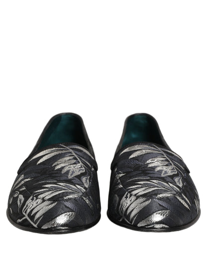 Dolce & Gabbana 9 To 5 501 Men's Leather Loafer Slip-On Shoes - Black Patterned Floral Jacquard Signature