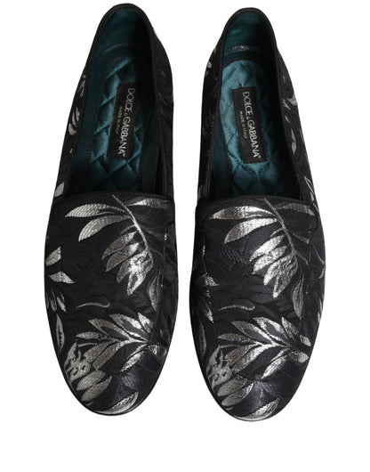 Dolce & Gabbana 9 To 5 501 Men's Leather Loafer Slip-On Shoes - Black Patterned Floral Jacquard Signature