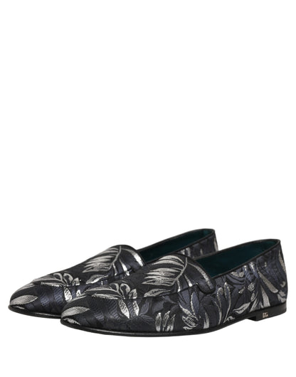 Dolce & Gabbana 9 To 5 501 Men's Leather Loafer Slip-On Shoes - Black Patterned Floral Jacquard Signature