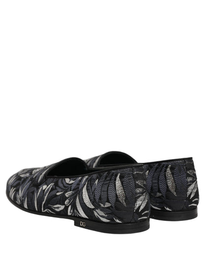 Dolce & Gabbana 9 To 5 501 Men's Leather Loafer Slip-On Shoes - Black Patterned Floral Jacquard Signature