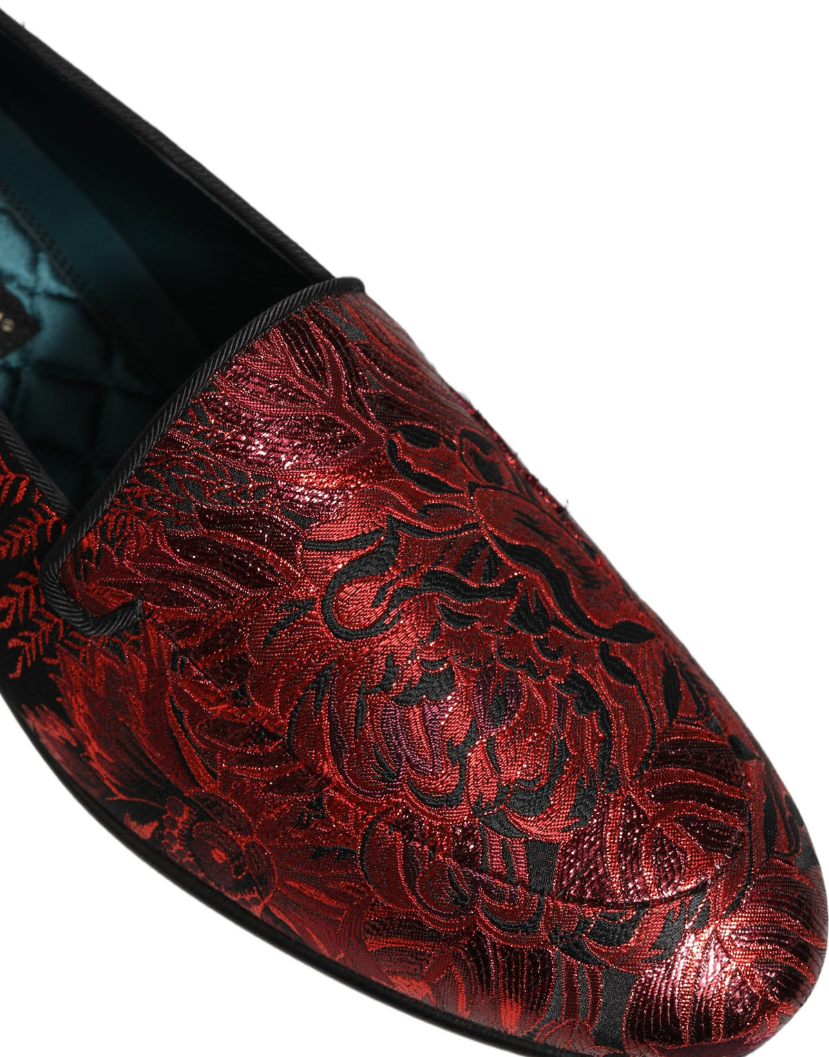 Dolce & Gabbana 9 To 5 Men's Leather Loafer Slip-On Shoes - Black Bordeaux Red Patterned Floral Jacquard Signature