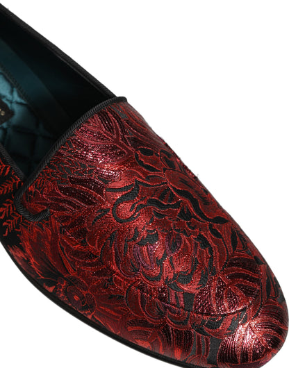 Dolce & Gabbana 9 To 5 Men's Leather Loafer Slip-On Shoes - Black Bordeaux Red Patterned Floral Jacquard Signature