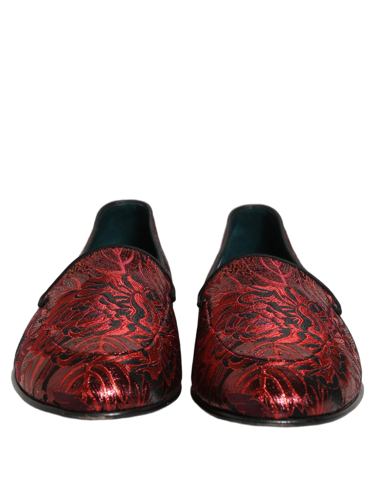 Dolce & Gabbana 9 To 5 Men's Leather Loafer Slip-On Shoes - Black Bordeaux Red Patterned Floral Jacquard Signature