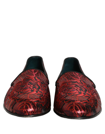 Dolce & Gabbana 9 To 5 Men's Leather Loafer Slip-On Shoes - Black Bordeaux Red Patterned Floral Jacquard Signature
