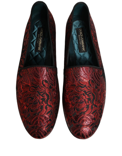 Dolce & Gabbana 9 To 5 Men's Leather Loafer Slip-On Shoes - Black Bordeaux Red Patterned Floral Jacquard Signature