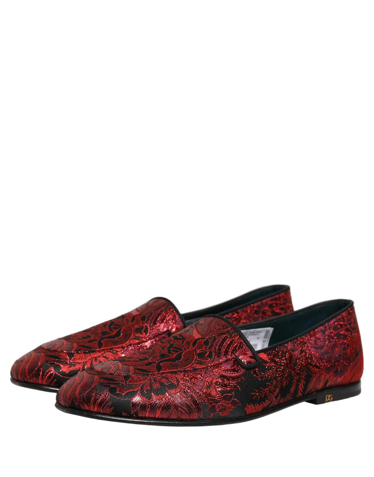 Dolce & Gabbana 9 To 5 Men's Leather Loafer Slip-On Shoes - Black Bordeaux Red Patterned Floral Jacquard Signature