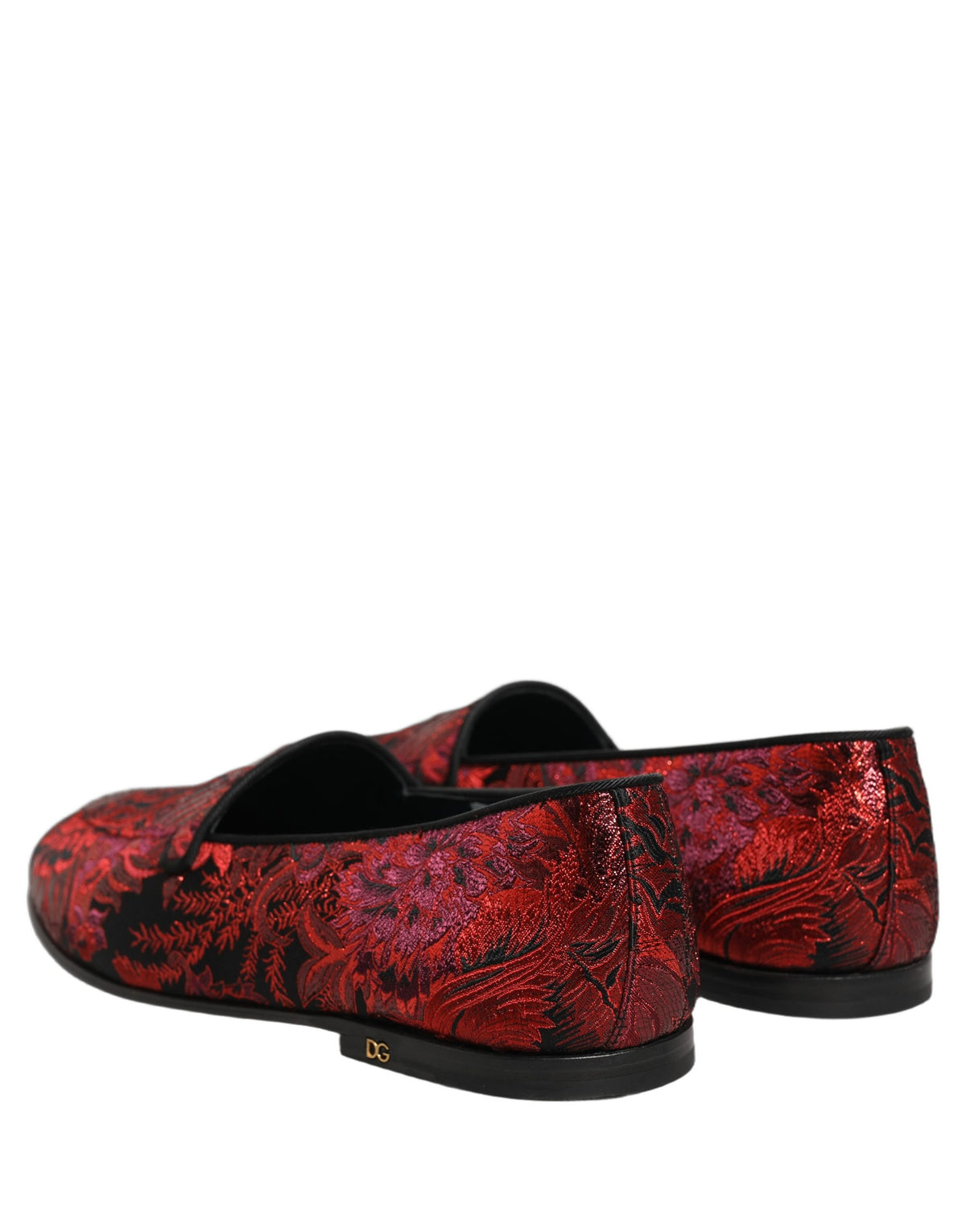Dolce & Gabbana 9 To 5 Men's Leather Loafer Slip-On Shoes - Black Bordeaux Red Patterned Floral Jacquard Signature