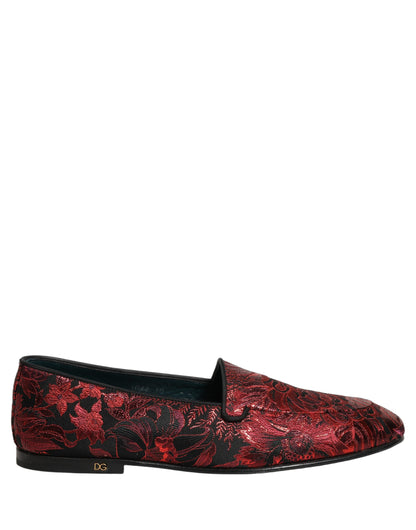 Dolce & Gabbana 9 To 5 Men's Leather Loafer Slip-On Shoes - Black Bordeaux Red Patterned Floral Jacquard Signature