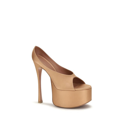 Amina Muaddi Beige Silk High Heel Platform Pumps