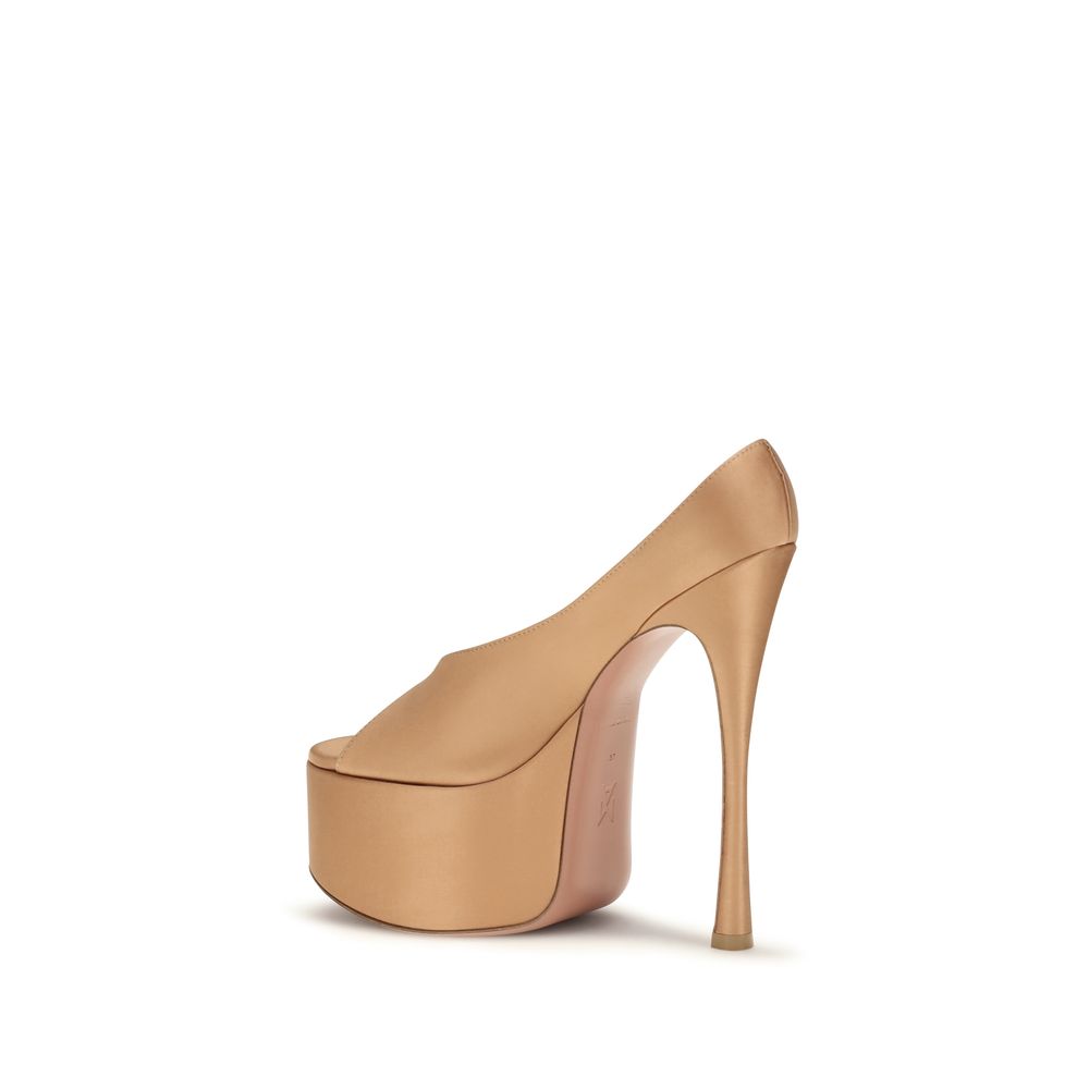Amina Muaddi Beige Silk High Heel Platform Pumps