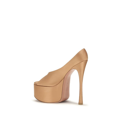 Amina Muaddi Beige Silk High Heel Platform Pumps