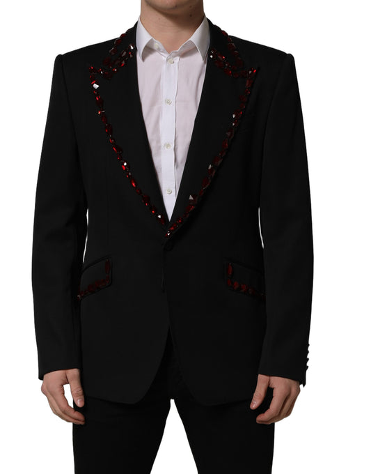 Dolce & Gabbana Men's Single Breasted Virgin Wool Viscose Polyester & Crystal Blazer - Black Red