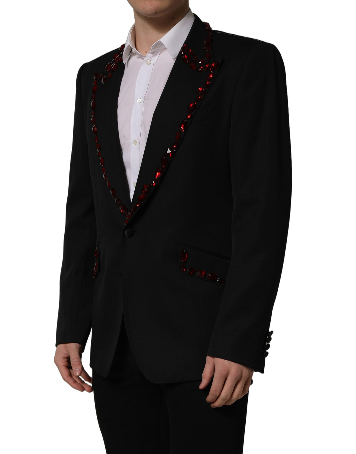 Dolce & Gabbana Men's Single Breasted Virgin Wool Viscose Polyester & Crystal Blazer - Black Red