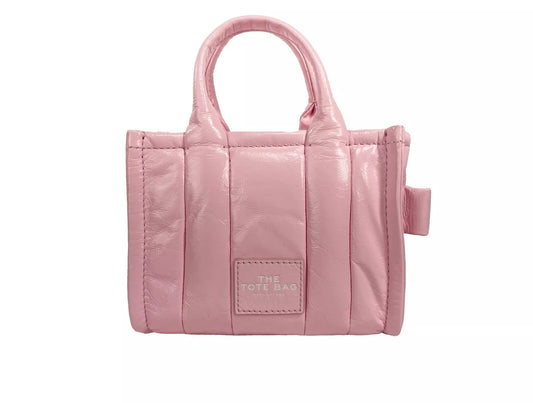 Micro Crossbody Evening Tote Handbag by Marc Jacobs for women in ostrich leather pink & silver features an multi-faceted design with a secure zipper, ample , and versatile crossbody-strap, adjustable-strap, detachable-strap & handle for a multi-faceted finish.