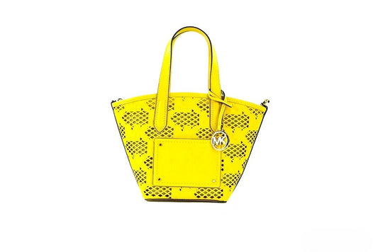 Small Crossbody Messenger Pouch Handbag by Michael Kors for women in faux leather gold & yellow presents a ornamental silhouette, showcasing a secure zipper, ample removable-pouch, and versatile crossbody-strap, adjustable-strap, detachable-strap & handle for a ornamental finish.
