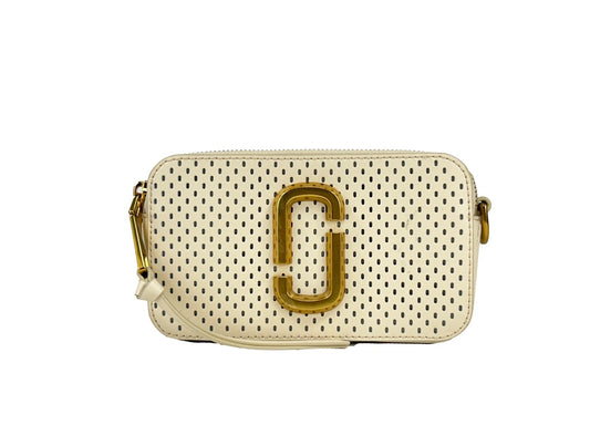 Compact 2-in-1 Shoulder & Crossbody Handbag by Marc Jacobs for women in canvas & leather black, cream & gold features a transformative sophistication silhouette, showcasing a secure zipper, ample , and versatile crossbody-strap, shoulder-strap, adjustable-strap & detachable-strap for a transformative sophistication look.