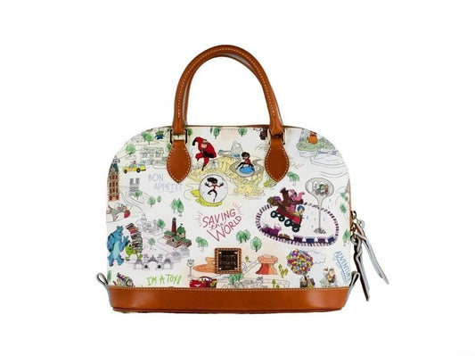 Medium Crossbody Travel Satchel Handbag by Dooney & Bourke for women in coated canvas blue, gold & white features an versatile silhouette, showcasing a secure zipper and versatile with versatile crossbody-strap, adjustable-strap, detachable-strap & handle for a versatile finish.