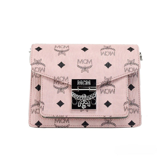 Mini Crossbody Flap Handbag by MCM for women in faux patent leather pink, silver, patterned & signature features a versatile chic silhouette, meticulously detailed with a secure flap & push-lock, ample , and versatile crossbody-strap, adjustable-strap & detachable-strap.