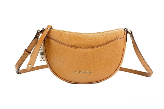 Small Crossbody Half Moon Handbag by Michael Kors for women in pebbled leather brown, gold & jacquard features a transformative elegance silhouette, showcasing a secure zipper, organized cardholder, and versatile crossbody-strap & adjustable-strap for a transformative elegance look.