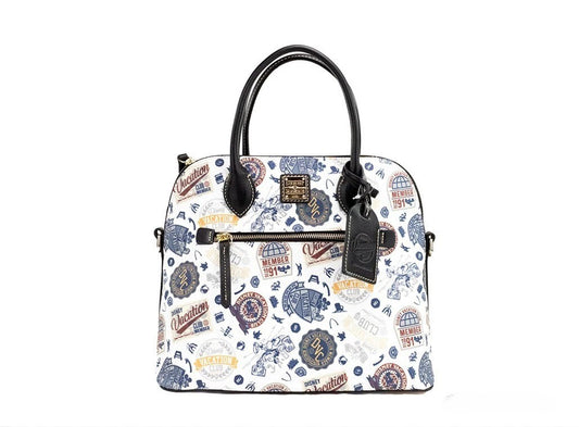 Crossbody Crescent Satchel Handbag by Dooney & Bourke for women in cotton polyester canvas gold features a versatile chic silhouette, meticulously detailed with a secure zipper, ample , and versatile crossbody-strap, adjustable-strap, detachable-strap & handle.