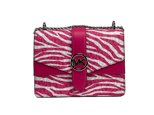 Small Crossbody Flap Handbag by Michael Kors for women in pvc pink, silver, patterned & signature features a multifaceted silhouette, showcasing a secure flap & magnetic and multifaceted with versatile crossbody-strap for multifaceted style.