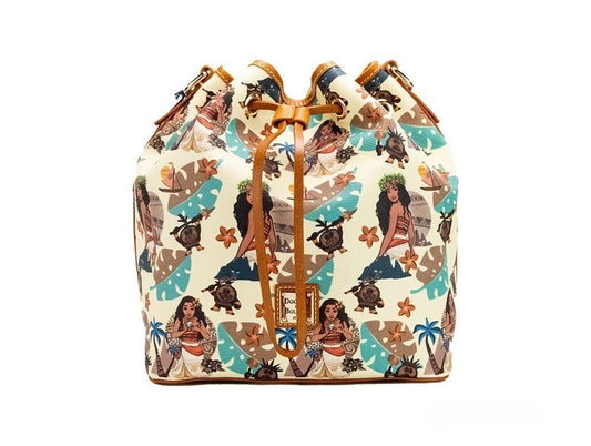 Medium Crossbody Bucket Handbag by Dooney & Bourke for women in cotton polyester canvas brown, gold & print features a transformative elegance silhouette, showcasing a secure zipper & drawstring, organized , and versatile crossbody-strap, shoulder-strap, handle, adjustable-strap & detachable-strap for a transformative elegance look.
