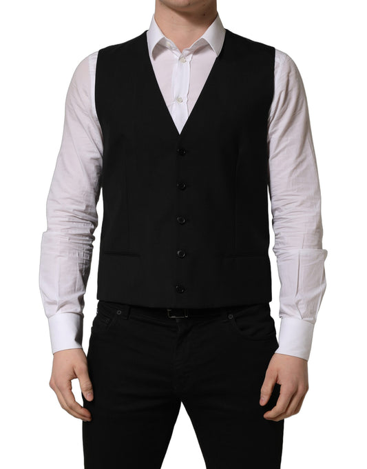 Dolce & Gabbana Men's Single Breasted Virgin Wool Viscose & Cupro Vest - Black
