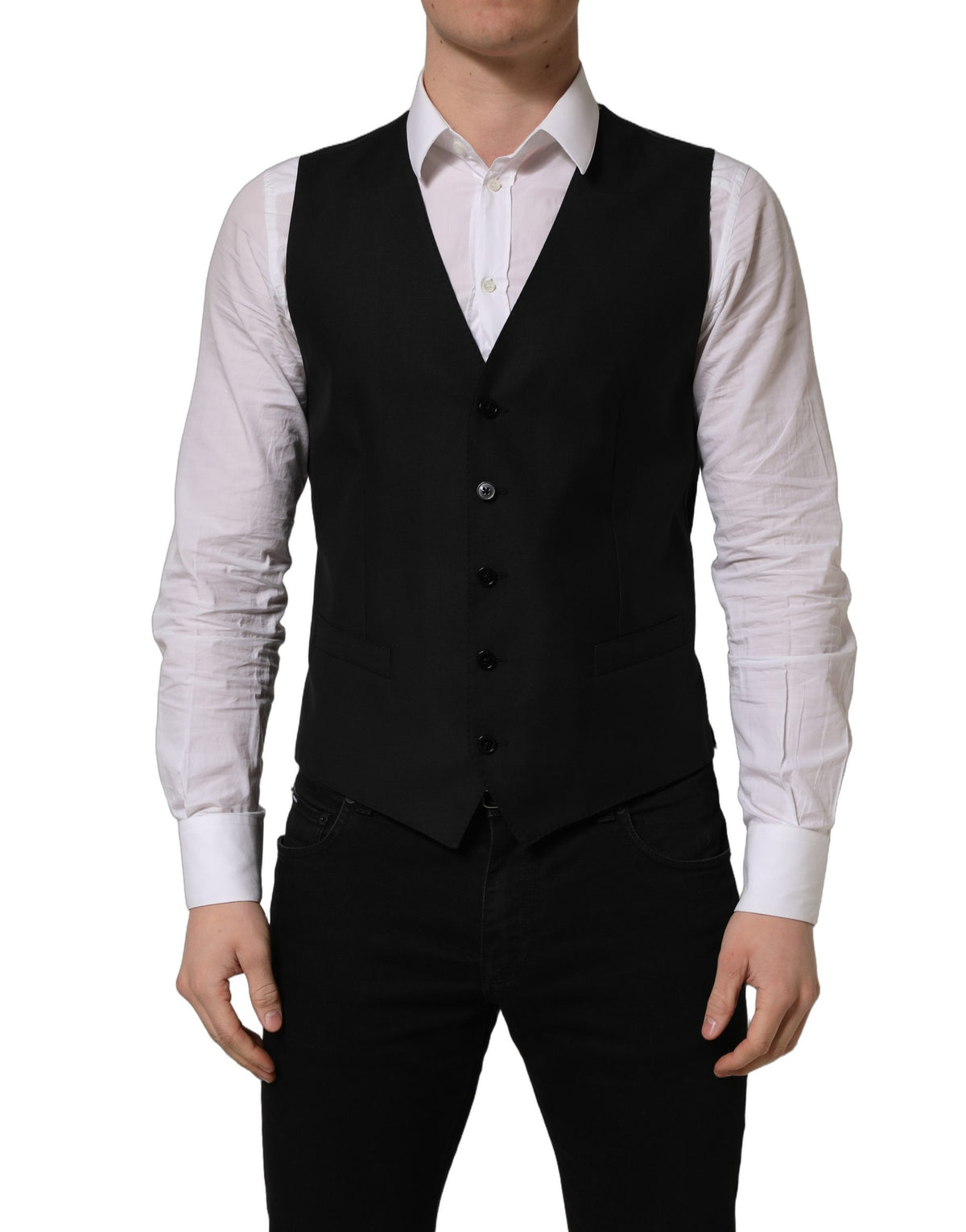 Dolce & Gabbana Men's Single Breasted Virgin Wool Silk Viscose & Cupro Vest - Black