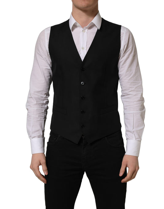 Dolce & Gabbana Men's Single Breasted Virgin Wool Silk Viscose & Cupro Vest - Black