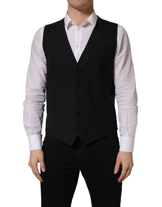 Dolce & Gabbana Men's Single Breasted Virgin Wool Viscose & Cupro Vest - Black