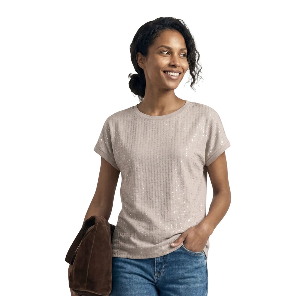 T-Shirt by Street One for women in viscose & polyester sequins beige & transparent features an edgy silhouette, meticulously detailed with a sophisticated and for a truly edgy finish.