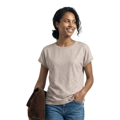 T-Shirt by Street One for women in viscose & polyester sequins beige & transparent features an edgy silhouette, meticulously detailed with a sophisticated and for a truly edgy finish.