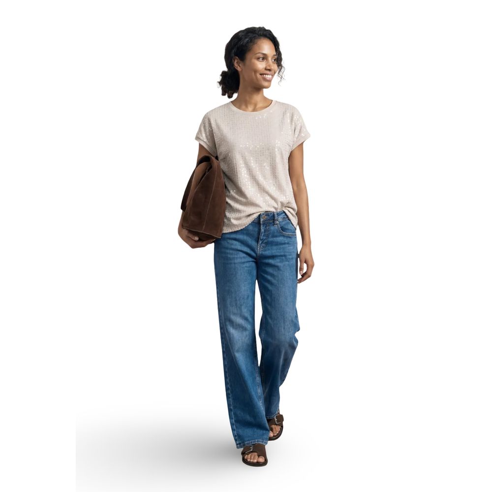 T-Shirt by Street One for women in viscose & polyester sequins beige & transparent showcases a fashionable silhouette, elegantly detailed with a fashionable and for a sophisticated, high-fashion look.