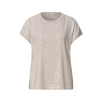 T-Shirt by Street One for women in viscose & polyester sequins beige & transparent showcases a chic silhouette, artfully detailed with a chic and for a chic finish.