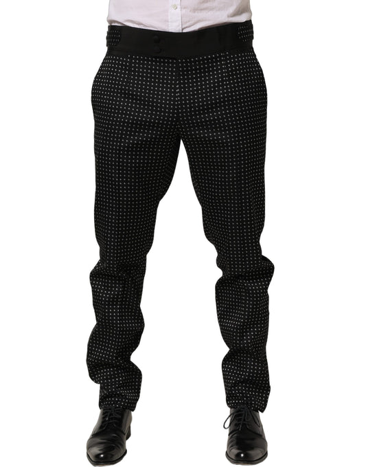 Dolce & Gabbana Men's Wide Silk Cotton Polyester & Satin Trousers - Black Patterned Jacquard