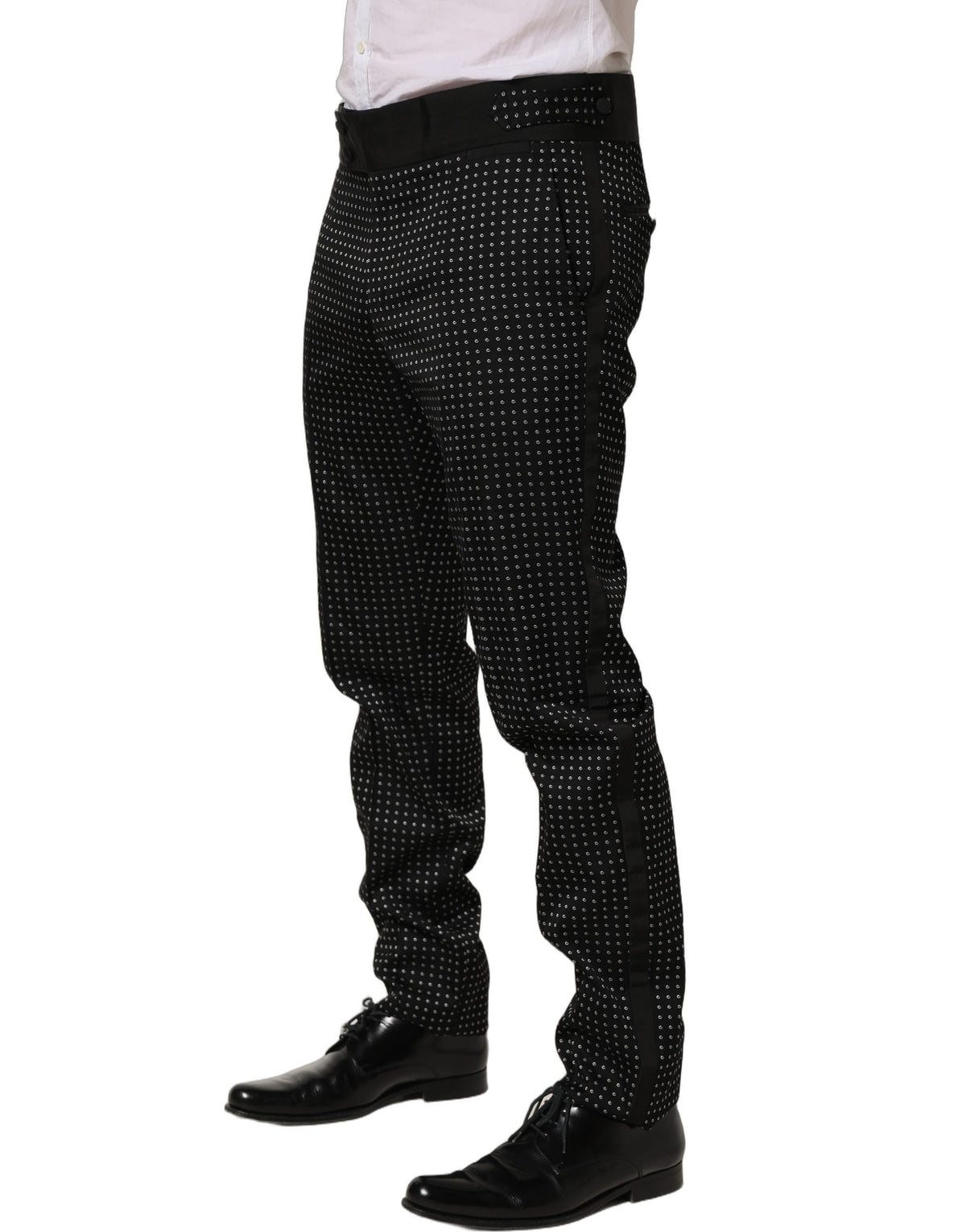 Dolce & Gabbana Men's Wide Silk Cotton Polyester & Satin Trousers - Black Patterned Jacquard