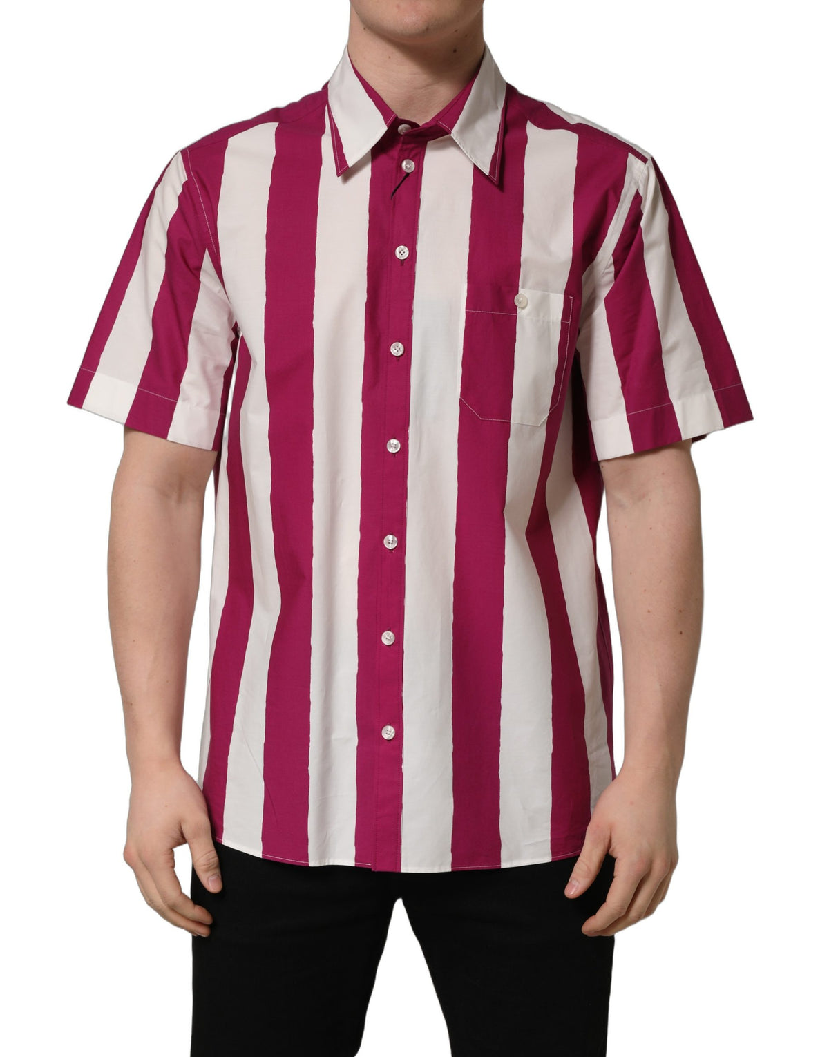 Dolce & Gabbana Men's Regular Fit Wide Short-Sleeve Cotton Shirt - Burgundy Cream Maroon White Patterned Striped