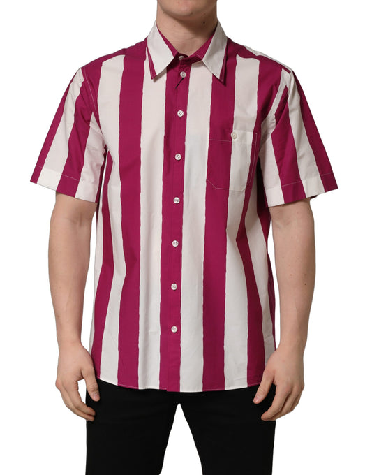 Dolce & Gabbana Men's Regular Fit Wide Short-Sleeve Cotton Shirt - Burgundy Cream Maroon White Patterned Striped